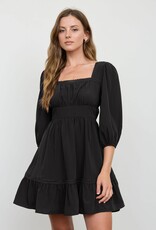 Miss Bliss 3/4 Sleeve Lace Trim Square Neck Mini Dress- Black