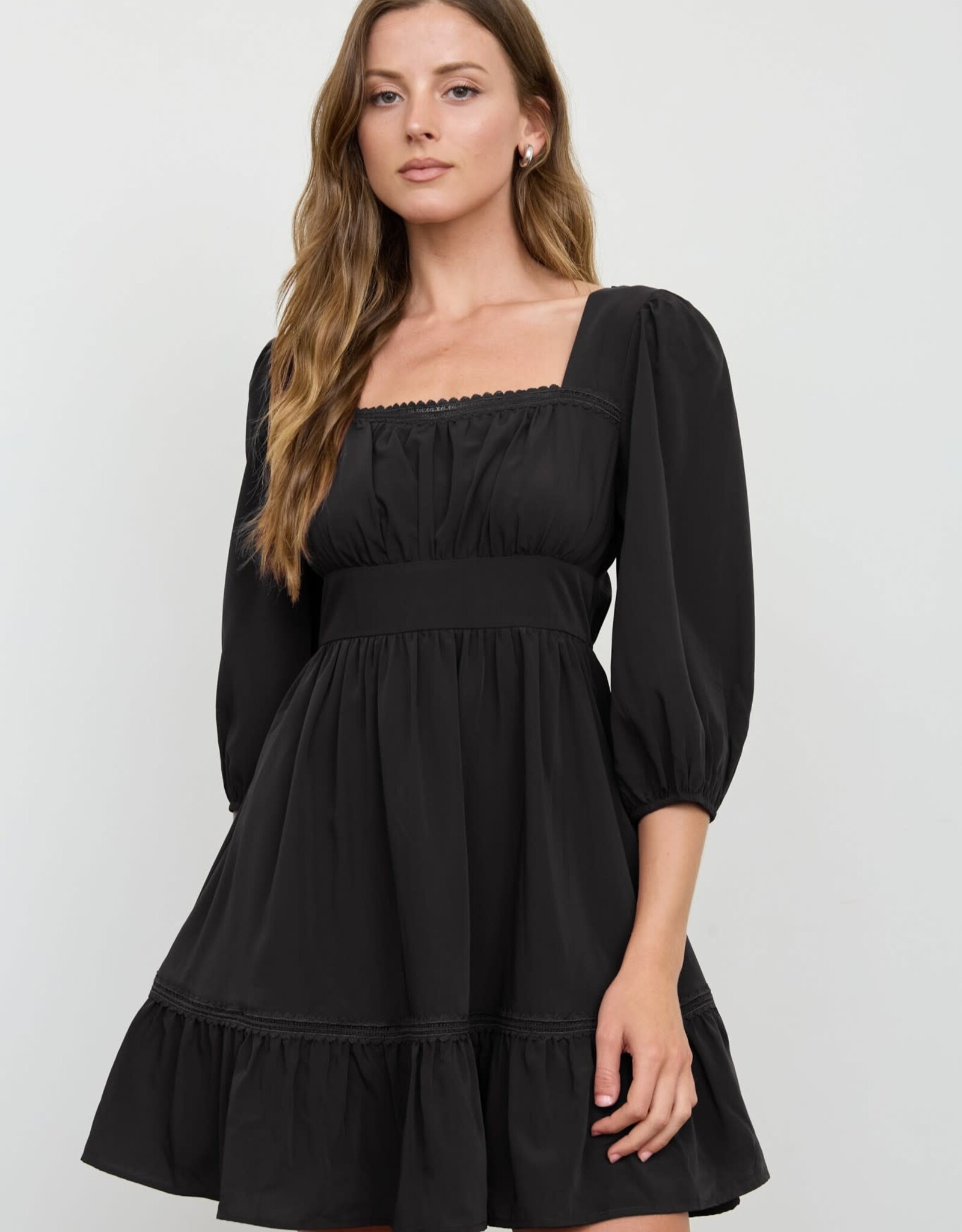 Miss Bliss 3/4 Sleeve Lace Trim Square Neck Mini Dress- Black
