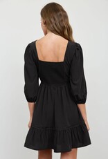 Miss Bliss 3/4 Sleeve Lace Trim Square Neck Mini Dress- Black