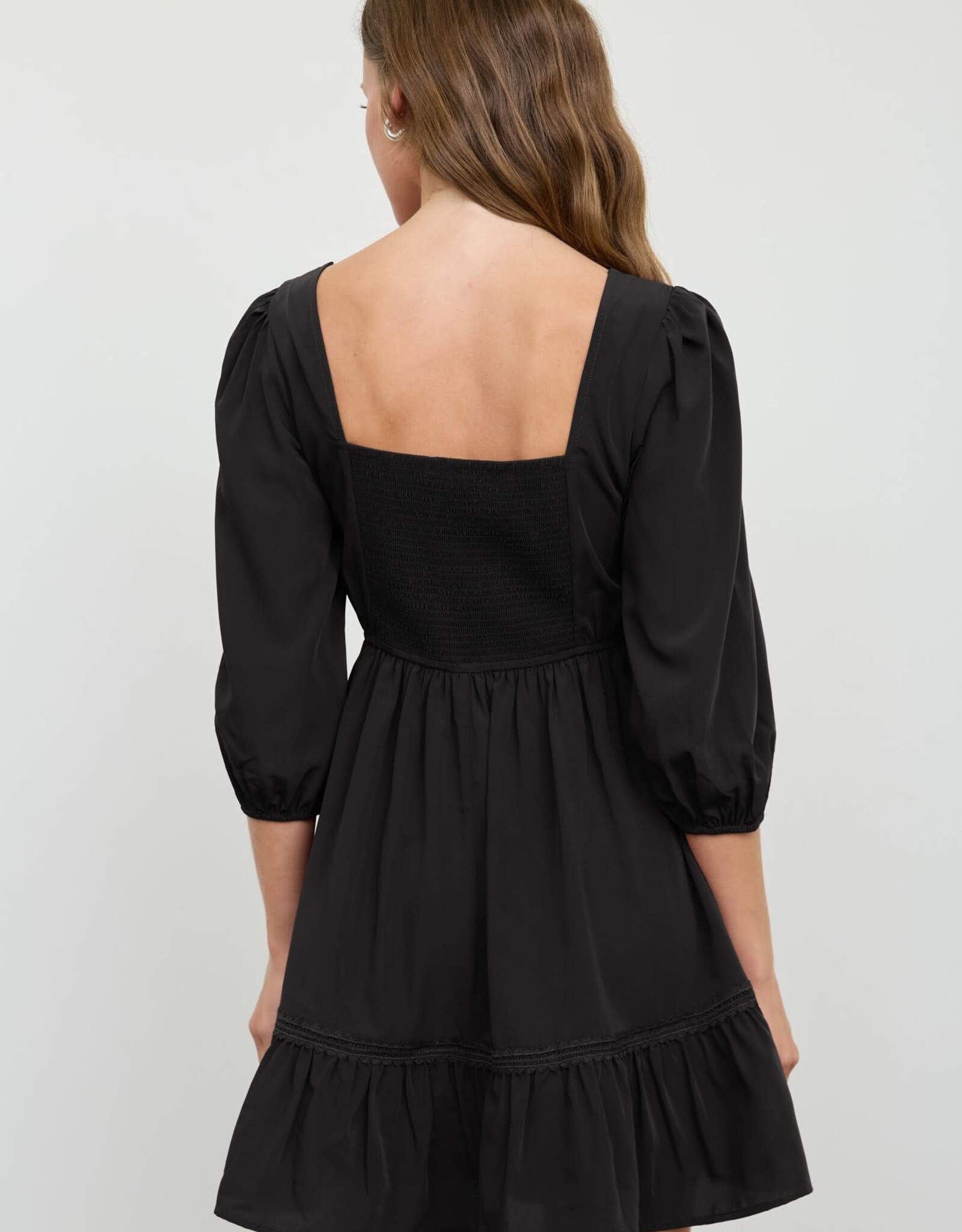 Miss Bliss 3/4 Sleeve Lace Trim Square Neck Mini Dress- Black