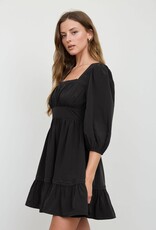 Miss Bliss 3/4 Sleeve Lace Trim Square Neck Mini Dress- Black