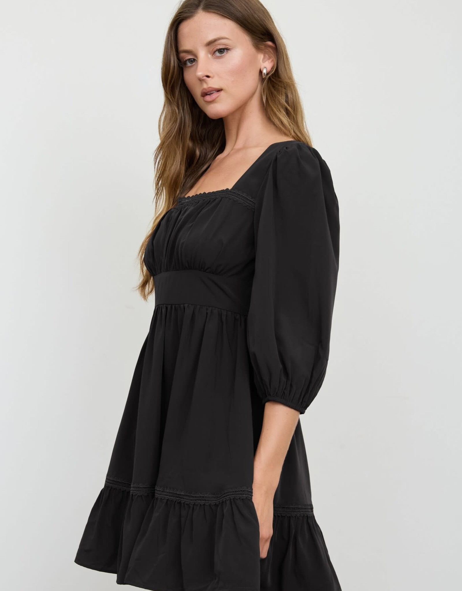 Miss Bliss 3/4 Sleeve Lace Trim Square Neck Mini Dress- Black