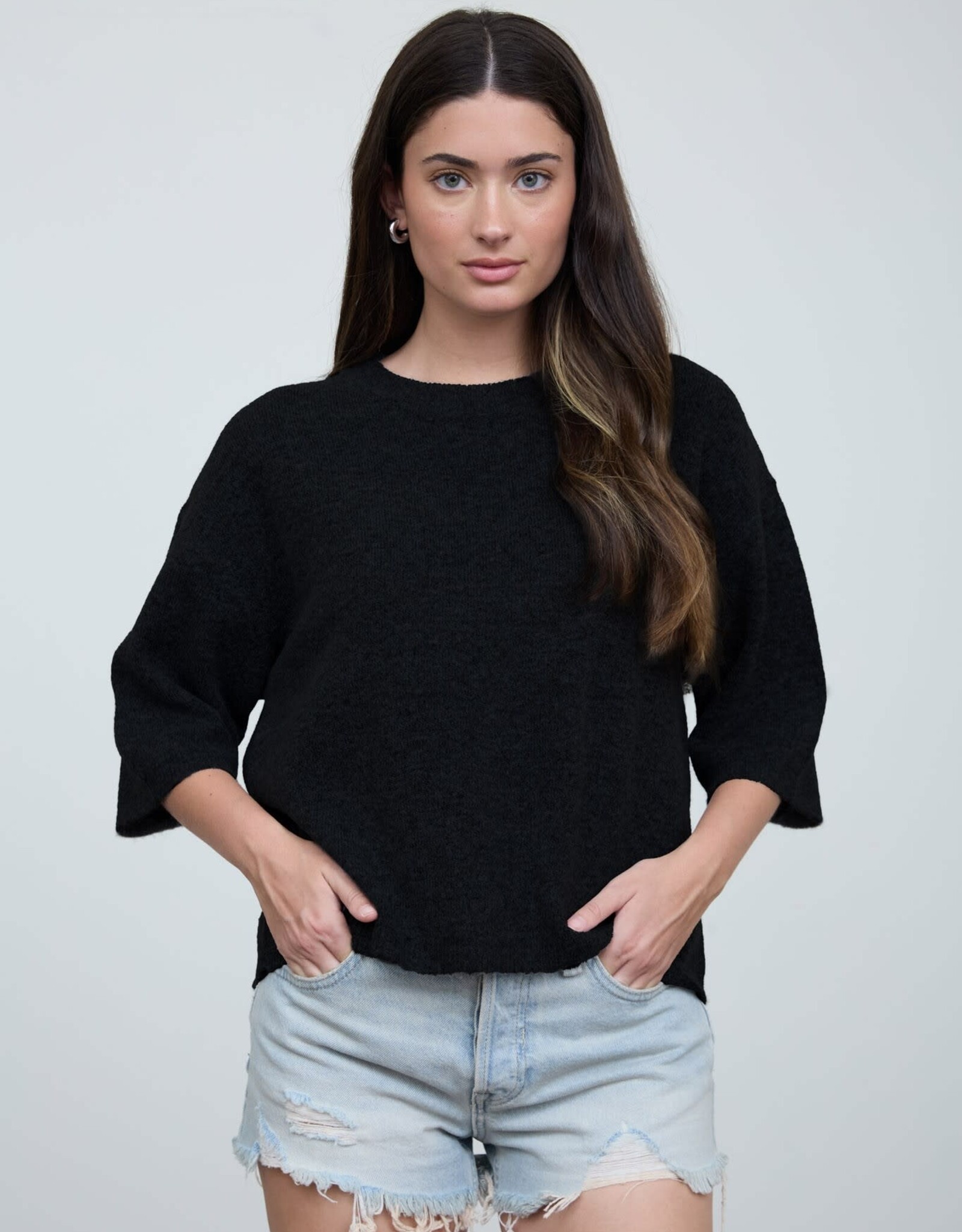 Miss Bliss Blu Heathered Crew Neck HS Boxy Pullover- Black