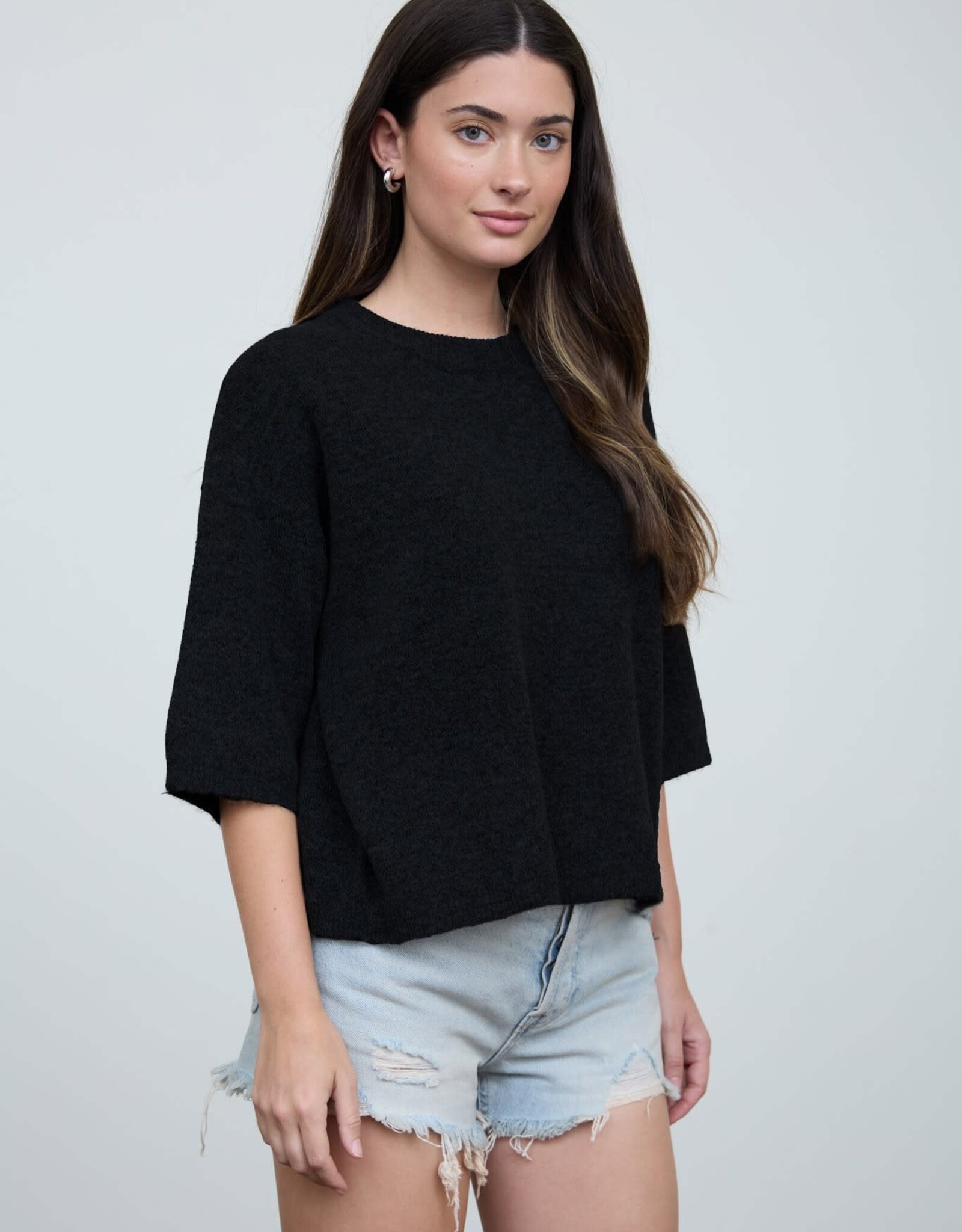Miss Bliss Blu Heathered Crew Neck HS Boxy Pullover- Black