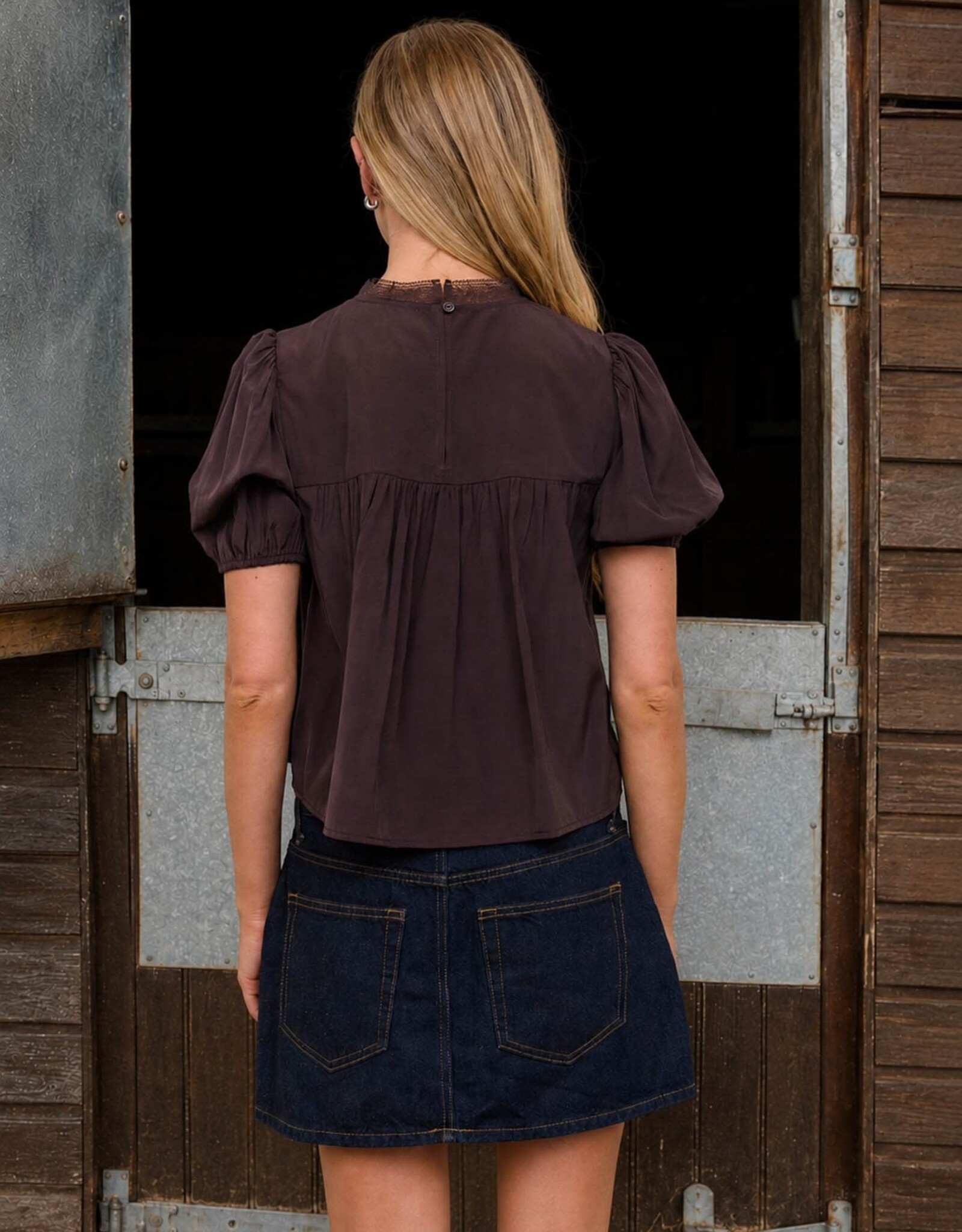 Miss Bliss Blu Lace-trim Pintuck Puff Sleeve SS Cropped Top- Brown
