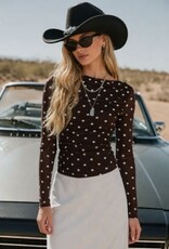 Miss Bliss Blu Sheer Mesh Polka Dot Ruched LS Top- Brown