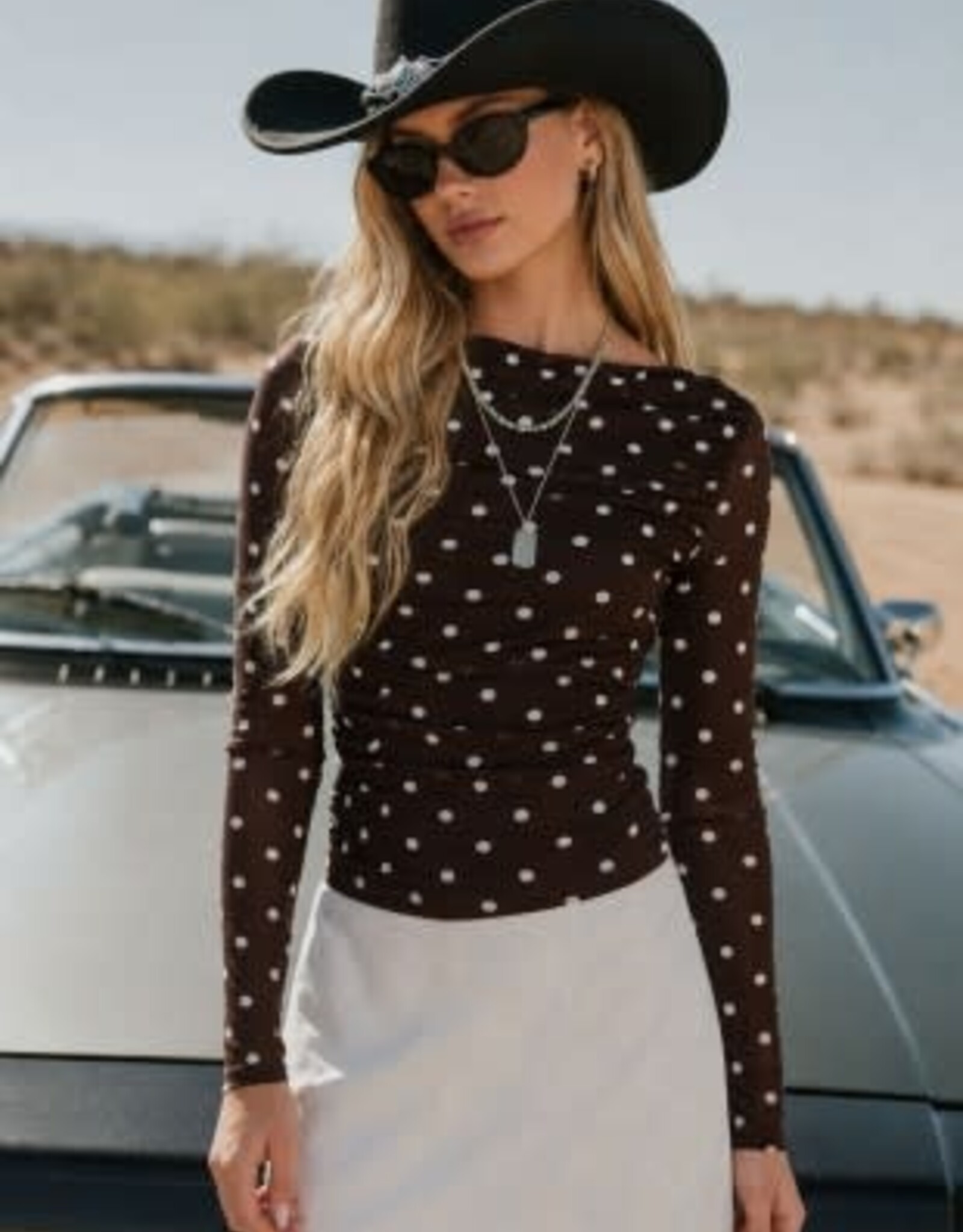 Miss Bliss Blu Sheer Mesh Polka Dot Ruched LS Top- Brown