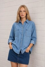 Miss Bliss Blu Collared Button Down LS Shirt- Denim