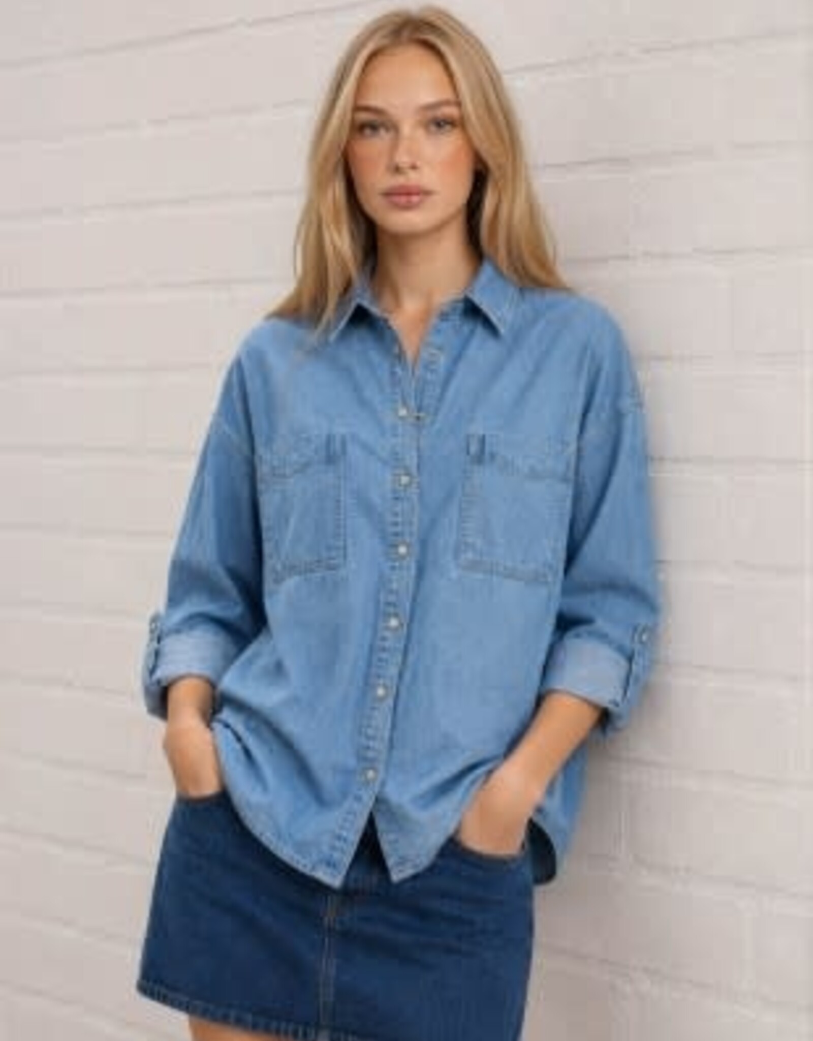 Miss Bliss Blu Collared Button Down LS Shirt- Denim