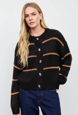 Miss Bliss Blu Stripe Jacquard Button Down Knit Cardigan- Black