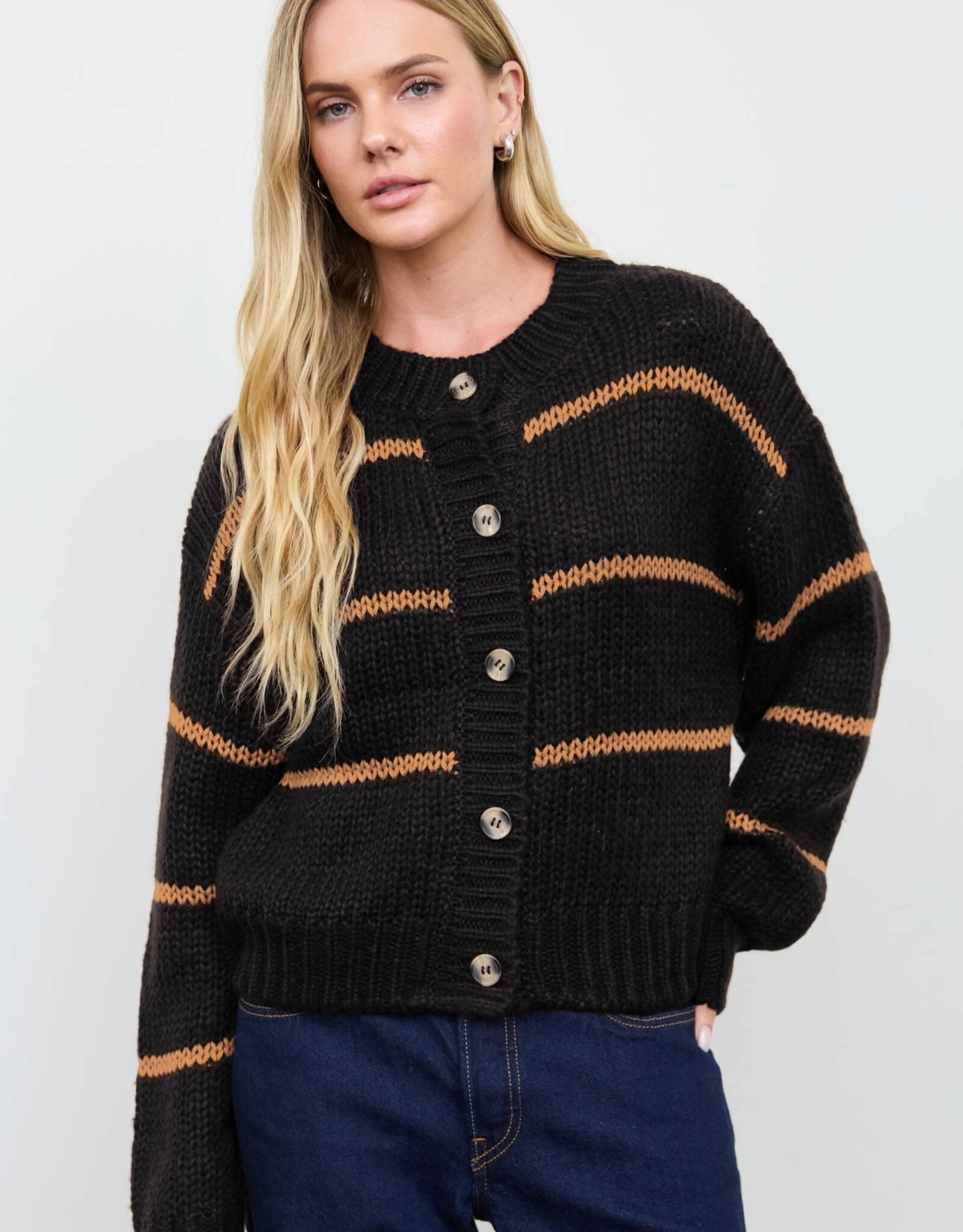 Miss Bliss Blu Stripe Jacquard Button Down Knit Cardigan- Black