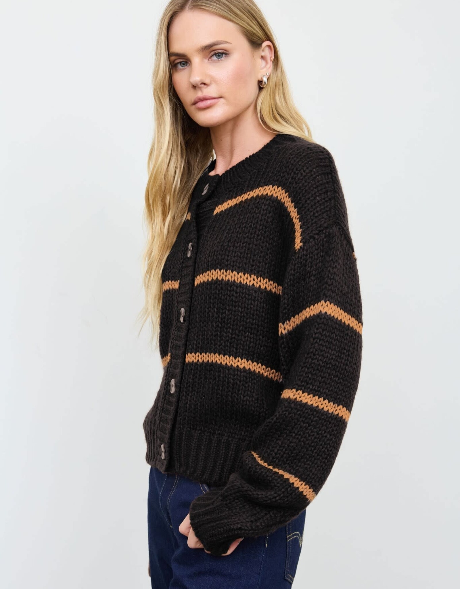 Miss Bliss Blu Stripe Jacquard Button Down Knit Cardigan- Black