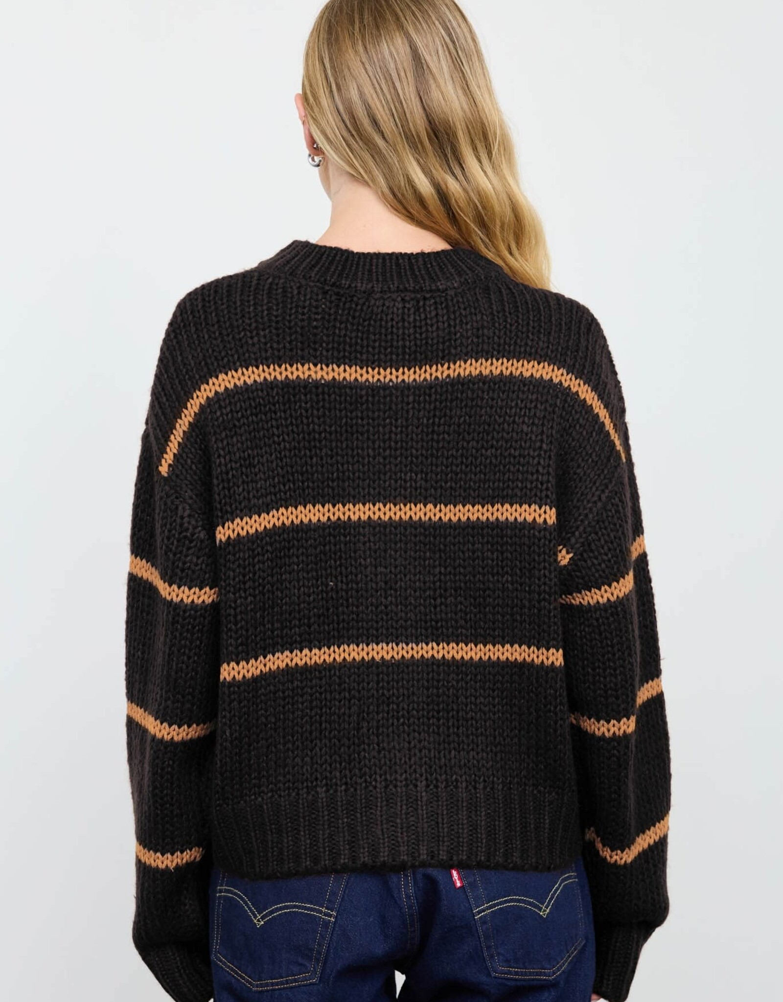 Miss Bliss Blu Stripe Jacquard Button Down Knit Cardigan- Black