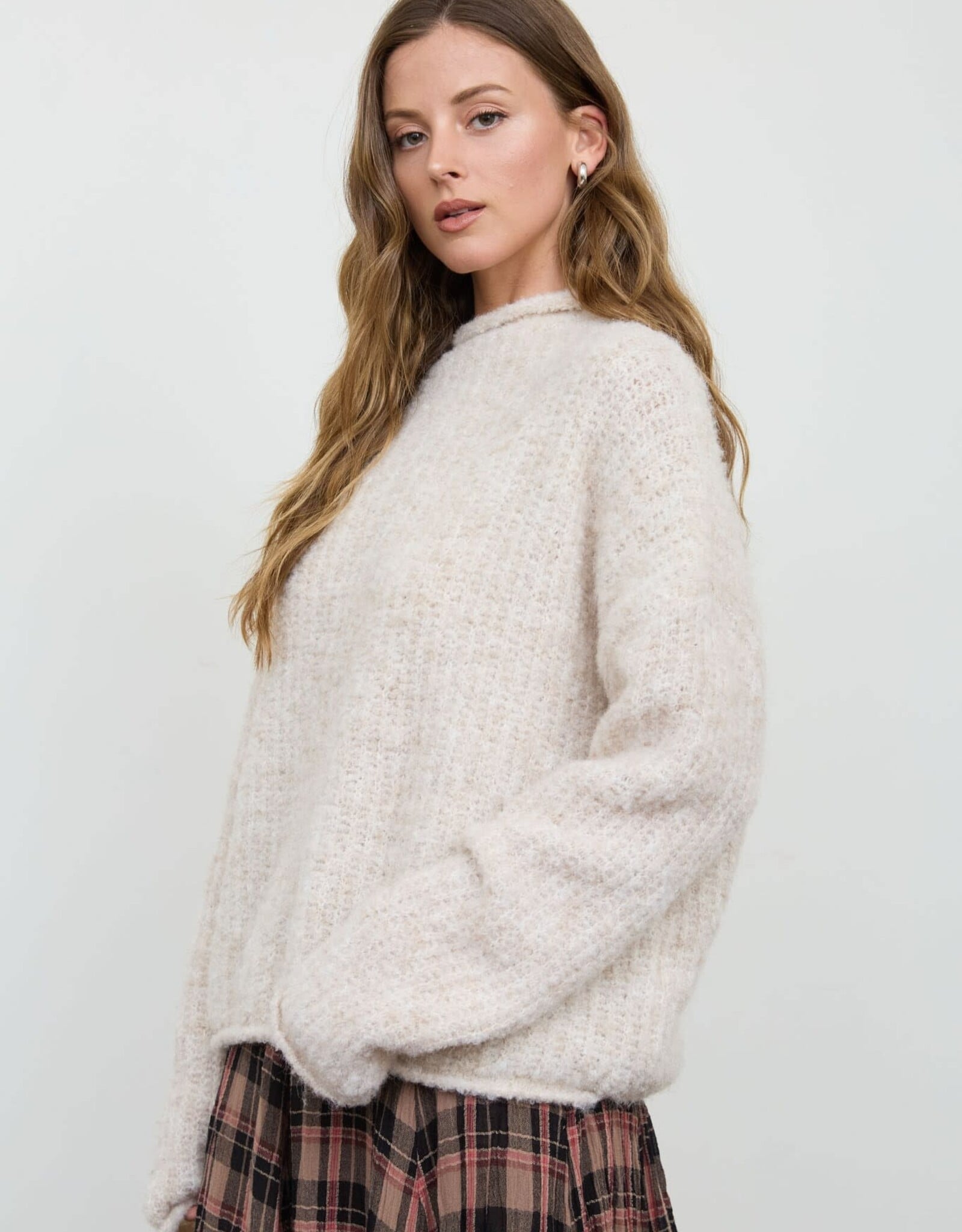 Miss Bliss Blu Fuzzy Mock Neck LS Knit Sweater- Oatmeal
