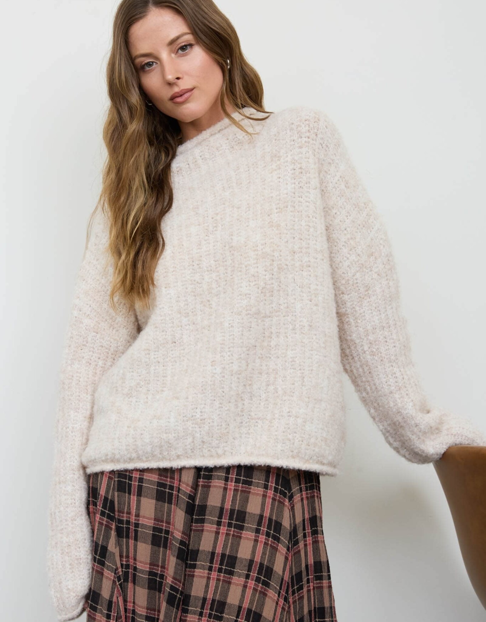 Miss Bliss Blu Fuzzy Mock Neck LS Knit Sweater- Oatmeal