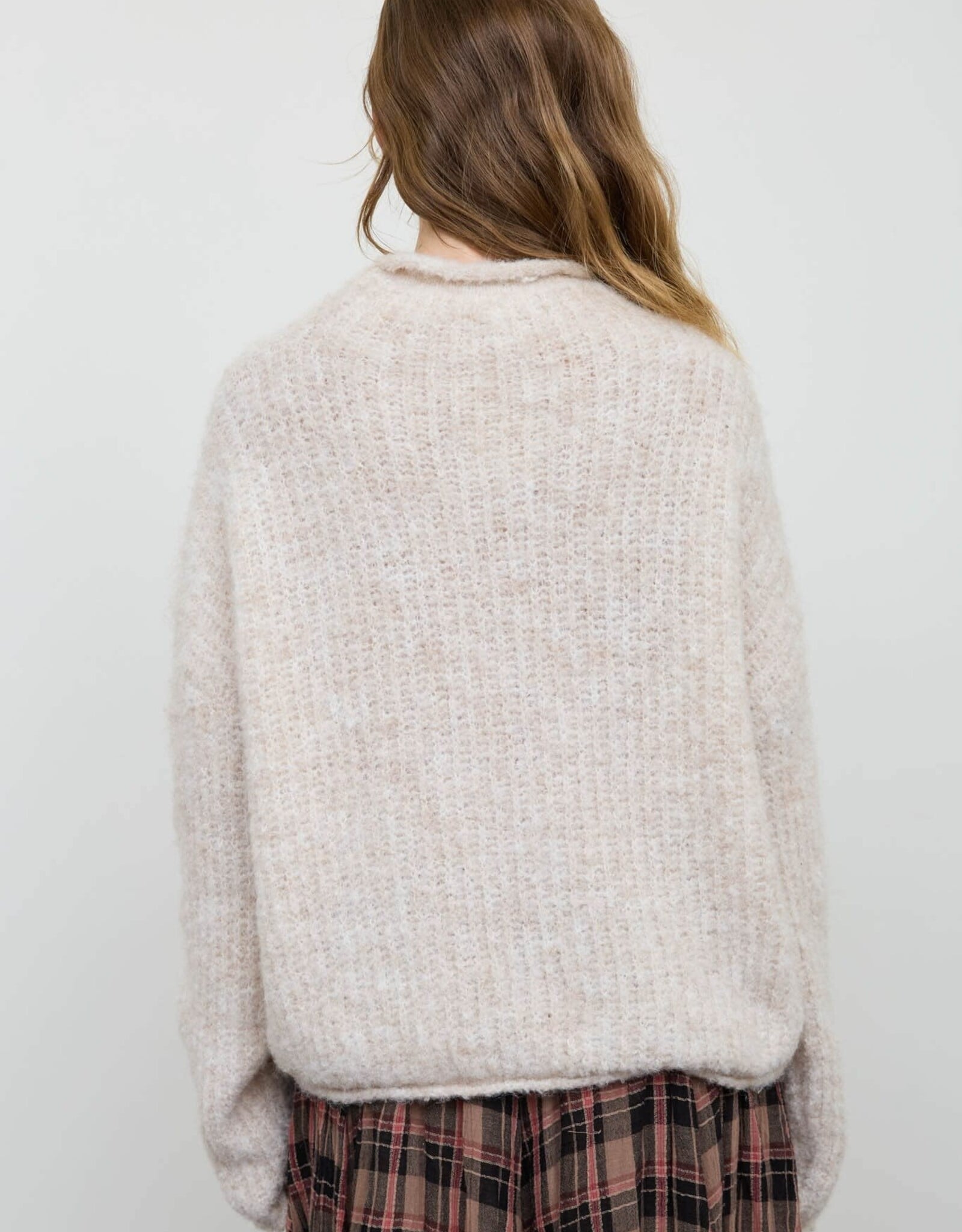 Miss Bliss Blu Fuzzy Mock Neck LS Knit Sweater- Oatmeal