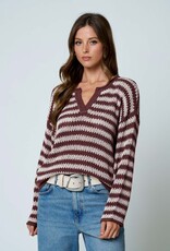 Miss Bliss Blu Stripe Raw Edge Split Neck LS Knit Sweater- Burgundy