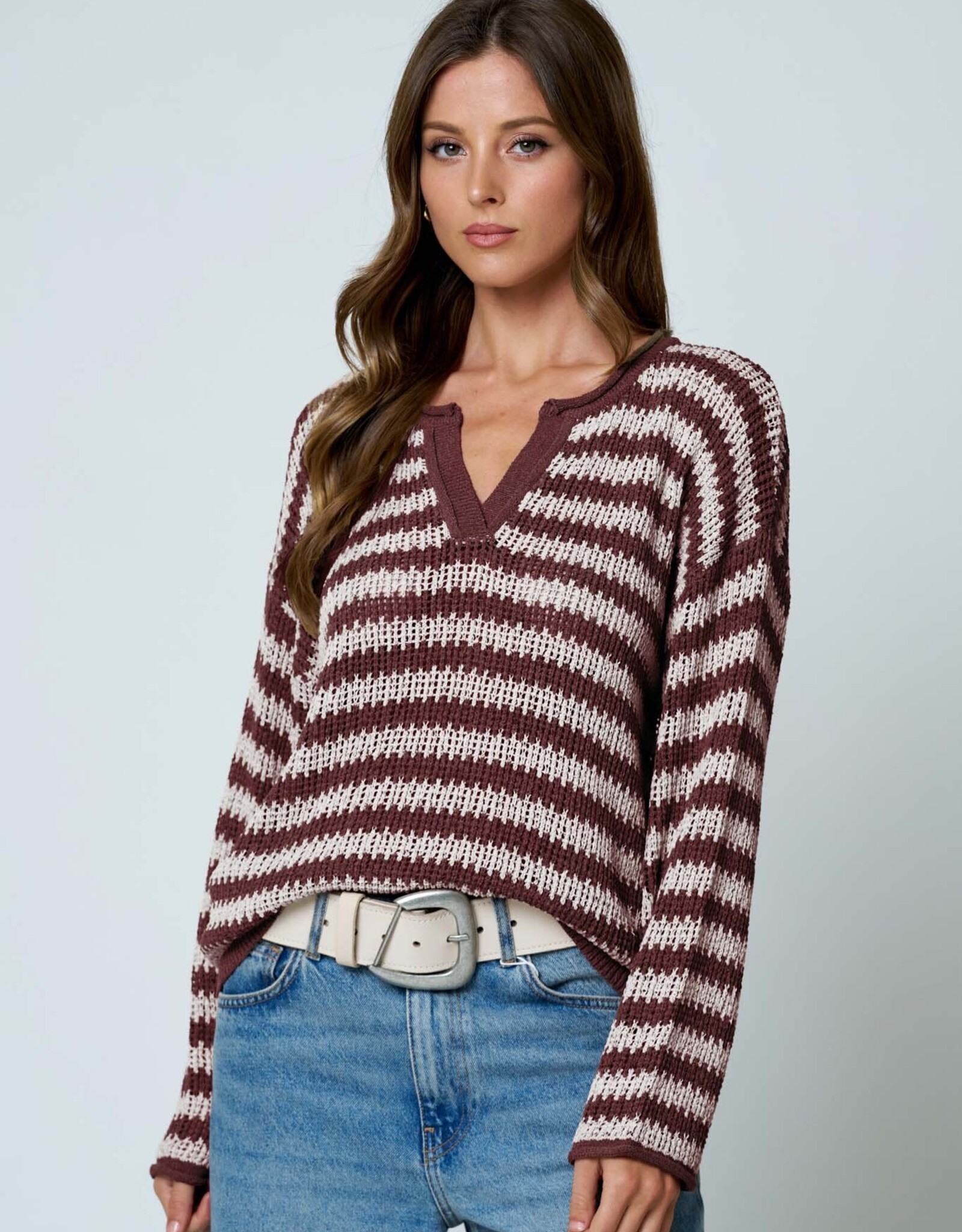Miss Bliss Blu Stripe Raw Edge Split Neck LS Knit Sweater- Burgundy