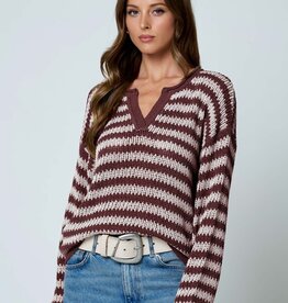 Miss Bliss Stripe Raw Edge Knit Sweater- Burgundy