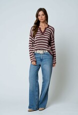 Miss Bliss Blu Stripe Raw Edge Split Neck LS Knit Sweater- Burgundy