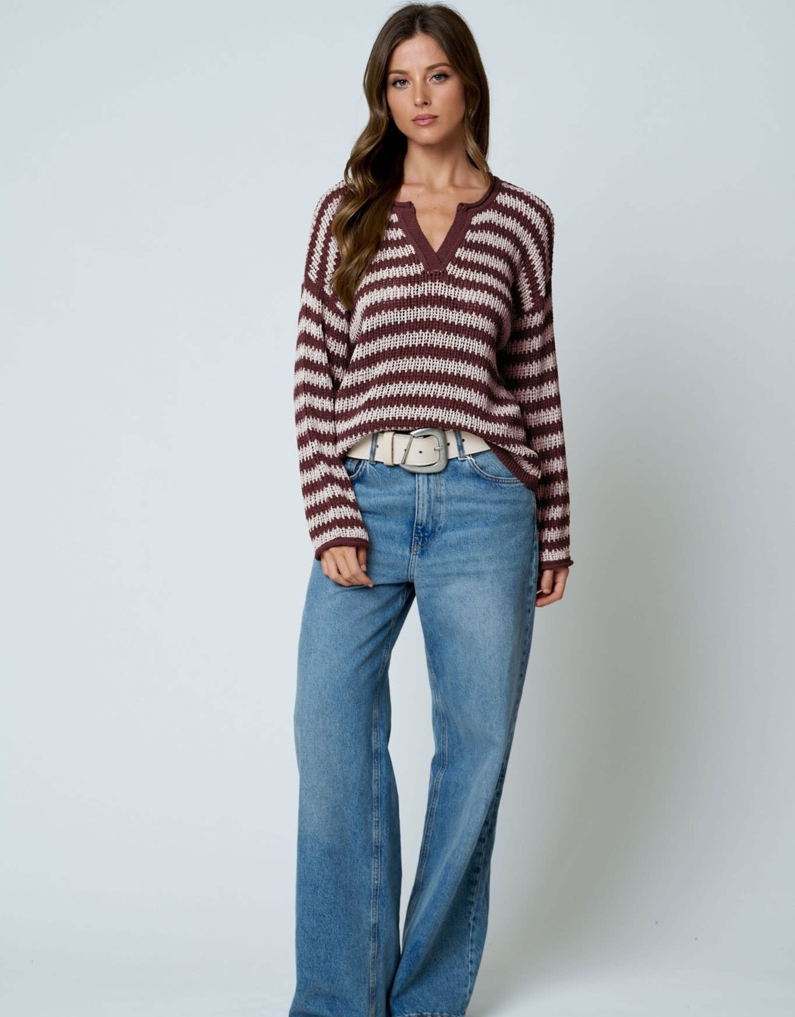 Miss Bliss Blu Stripe Raw Edge Split Neck LS Knit Sweater- Burgundy
