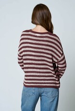 Miss Bliss Blu Stripe Raw Edge Split Neck LS Knit Sweater- Burgundy