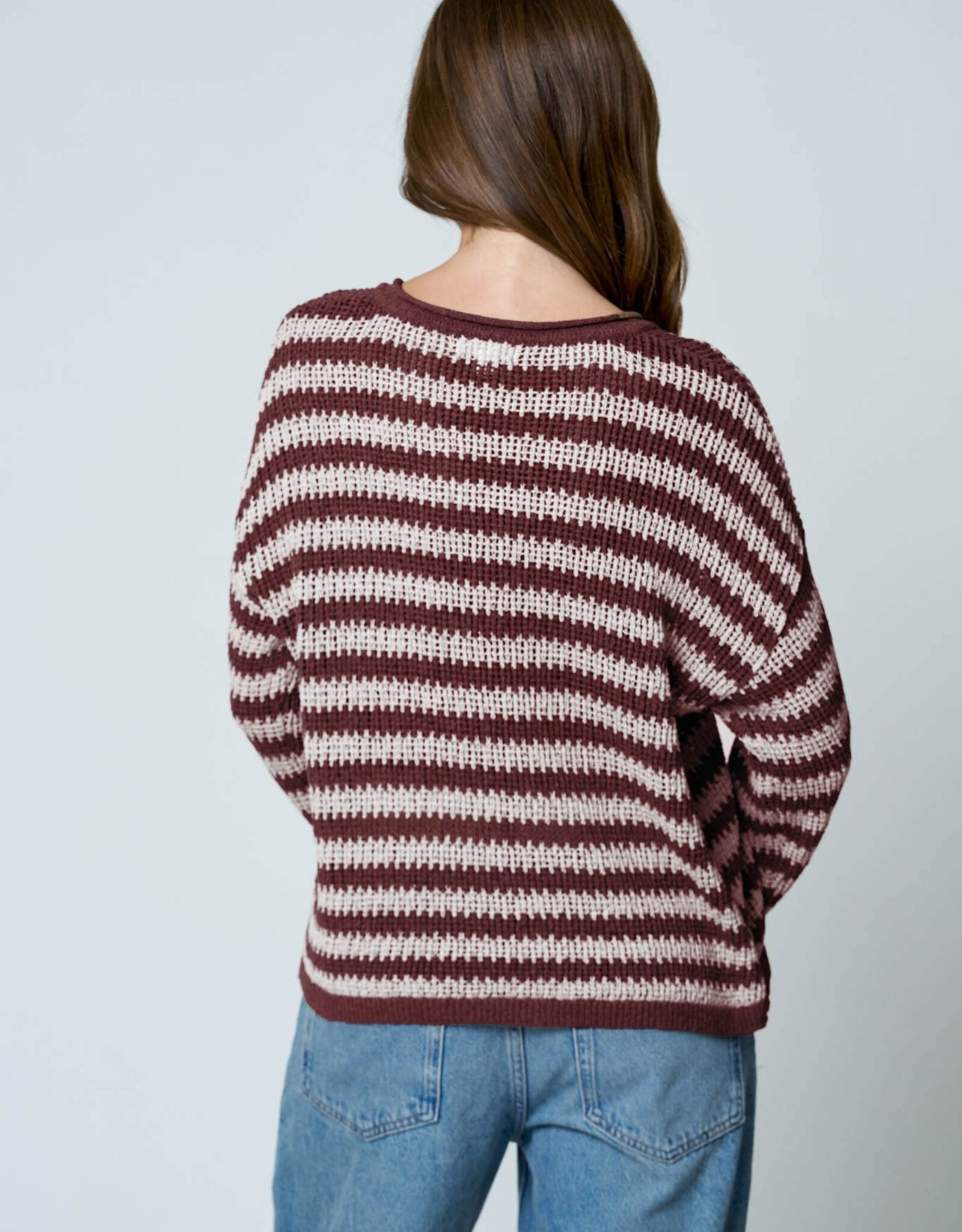 Miss Bliss Blu Stripe Raw Edge Split Neck LS Knit Sweater- Burgundy