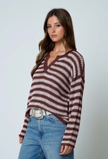 Miss Bliss Blu Stripe Raw Edge Split Neck LS Knit Sweater- Burgundy