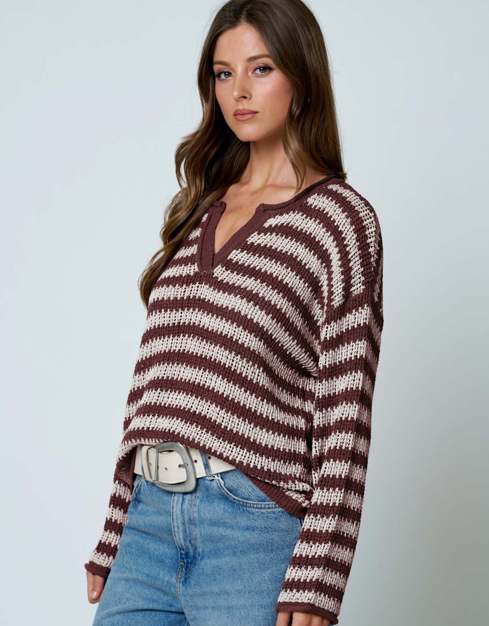 Miss Bliss Blu Stripe Raw Edge Split Neck LS Knit Sweater- Burgundy