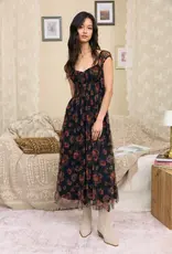 Miss Bliss Blu Floral Shirred Waist Front Tie Midi Dress- Black Multi
