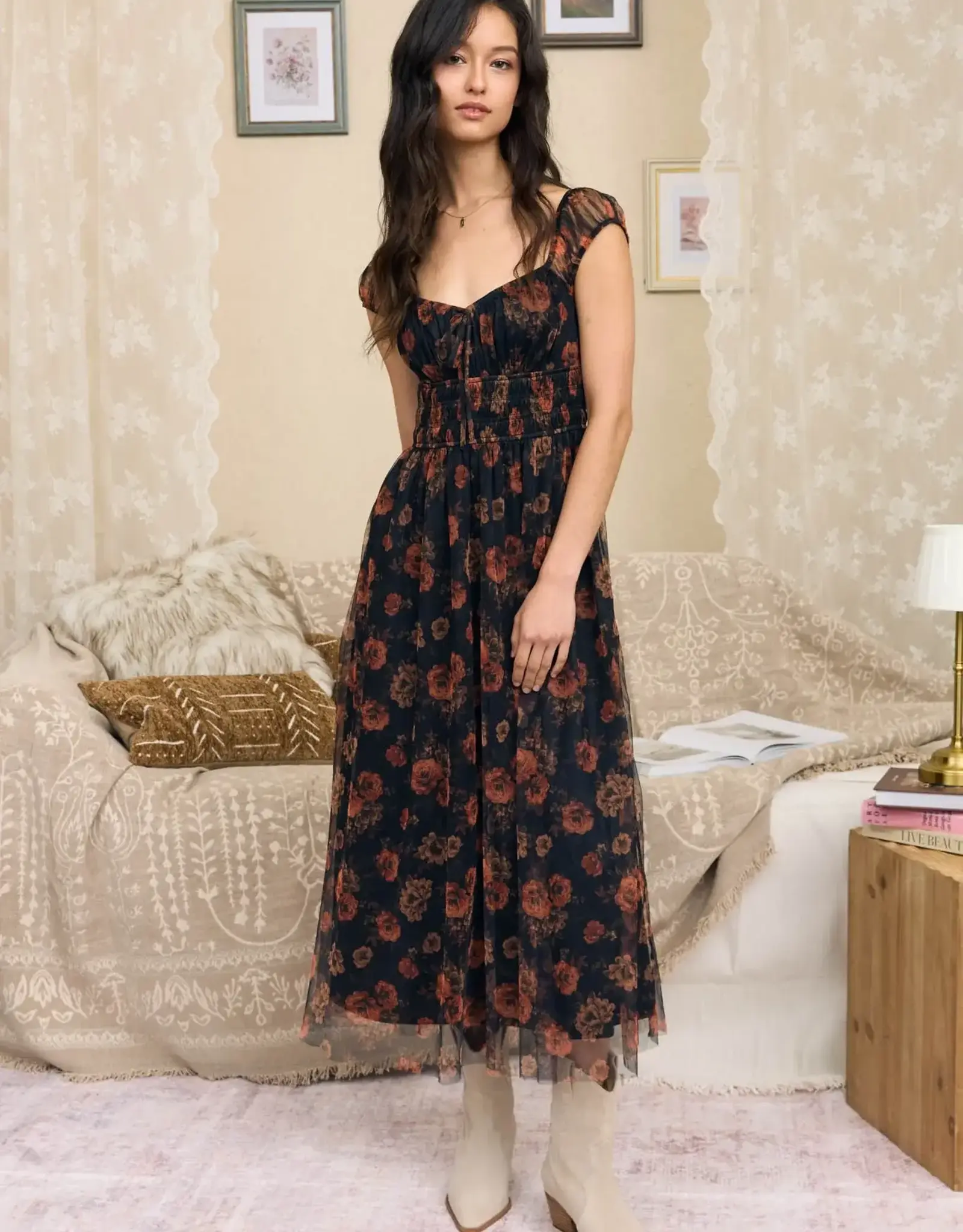 Miss Bliss Blu Floral Shirred Waist Front Tie Midi Dress- Black Multi