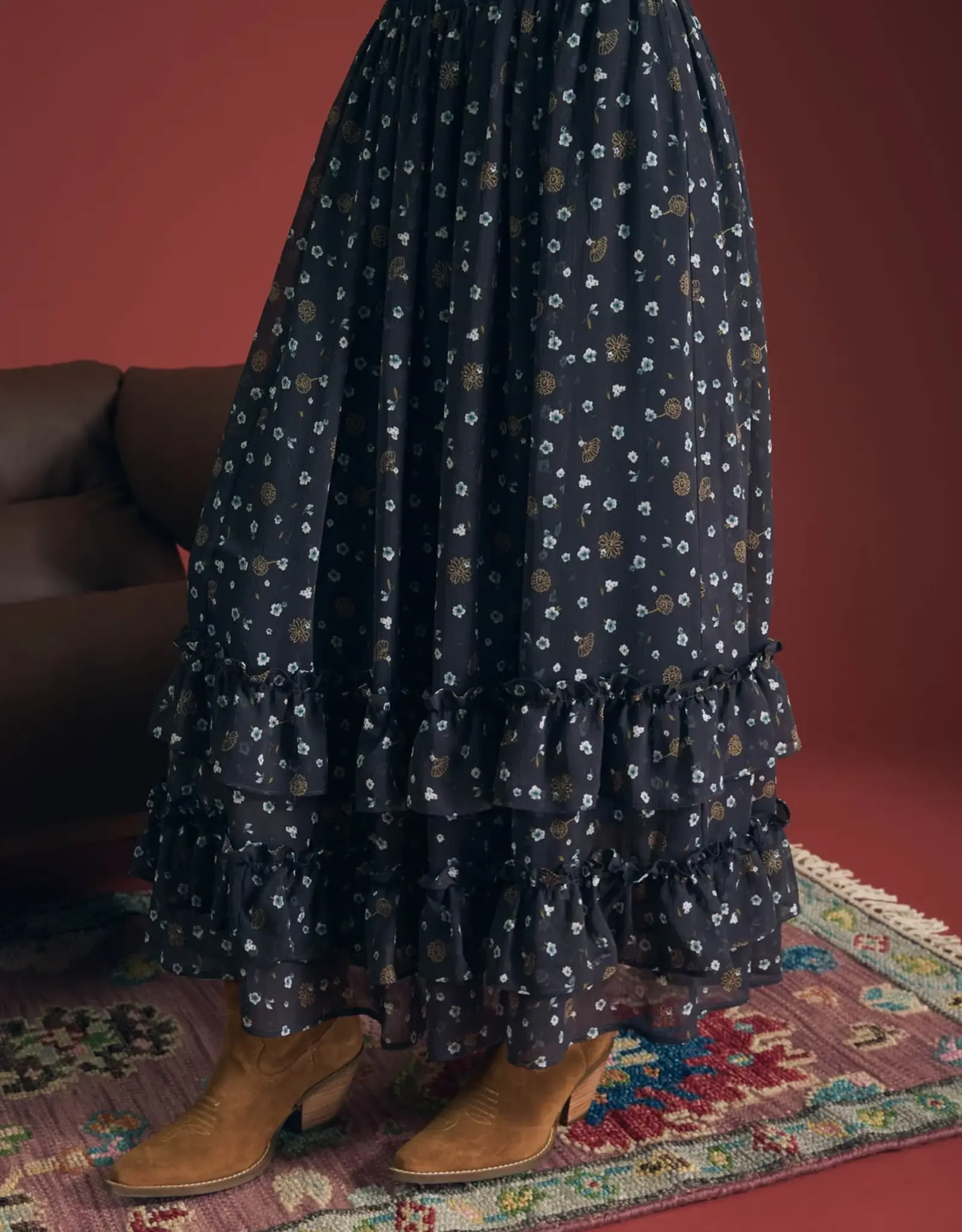 Miss Bliss Blu Floral Ruffled Tiered Hem Midi Skirt- Navy Multi