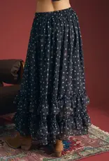 Miss Bliss Blu Floral Ruffled Tiered Hem Midi Skirt- Navy Multi