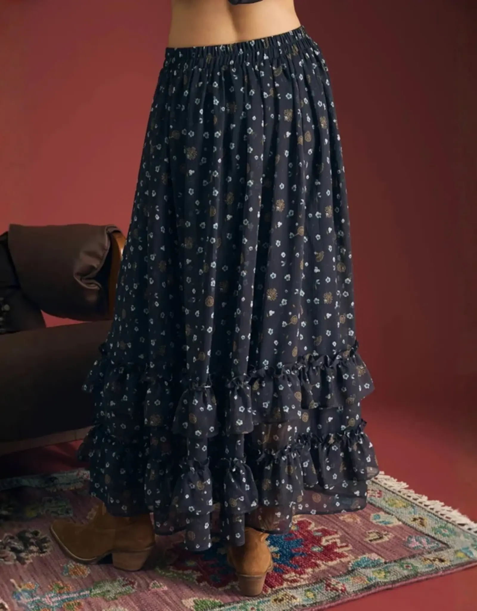 Miss Bliss Blu Floral Ruffled Tiered Hem Midi Skirt- Navy Multi