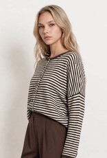 Miss Bliss Blu Stripe Raw Edge Drop Shoulder Knit LS Cardigan- Drk Brown