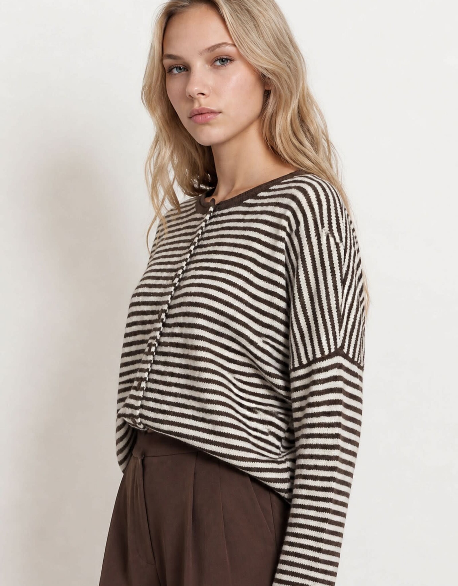 Miss Bliss Blu Stripe Raw Edge Drop Shoulder Knit LS Cardigan- Drk Brown