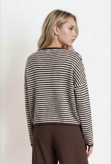 Miss Bliss Blu Stripe Raw Edge Drop Shoulder Knit LS Cardigan- Drk Brown
