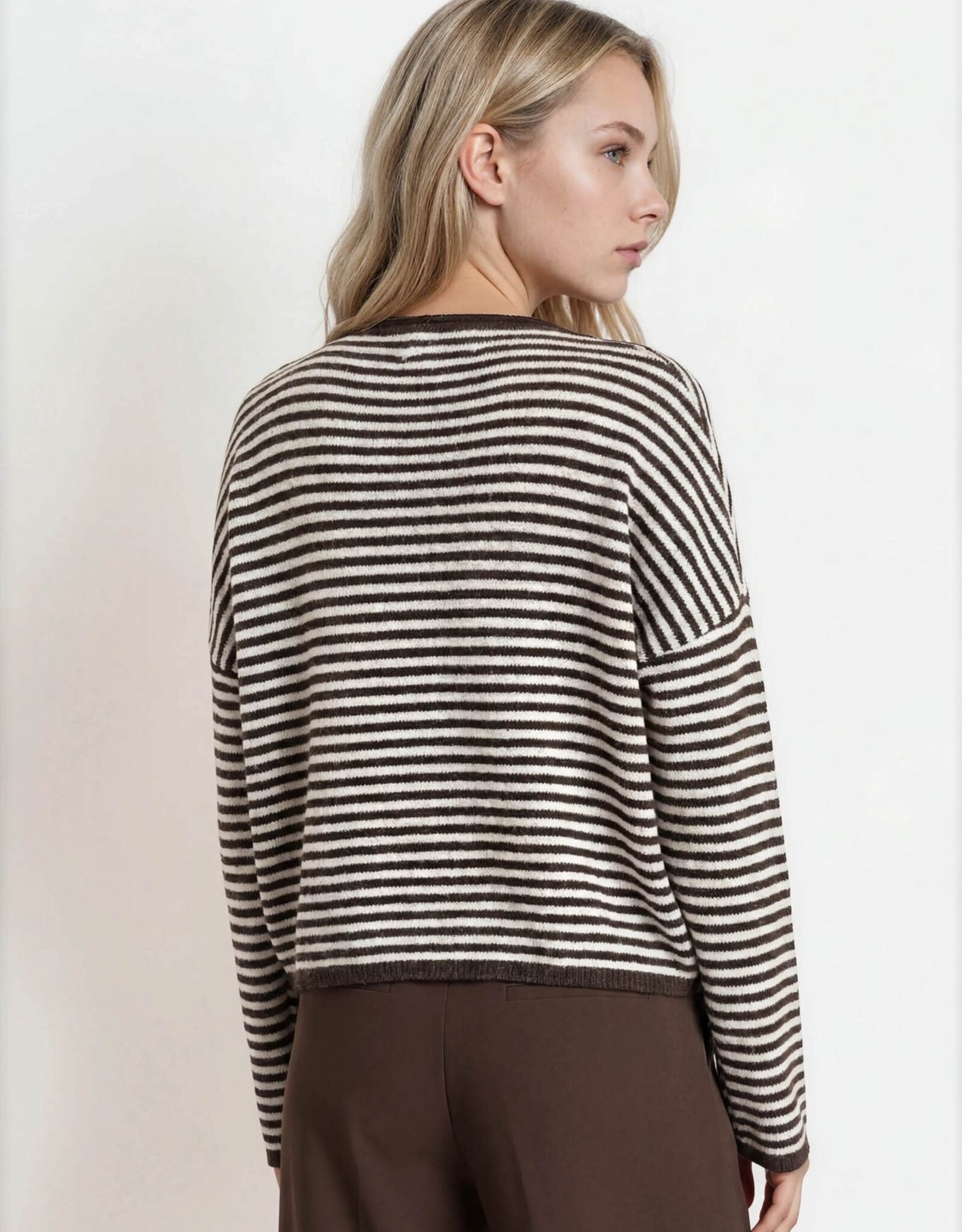 Miss Bliss Blu Stripe Raw Edge Drop Shoulder Knit LS Cardigan- Drk Brown