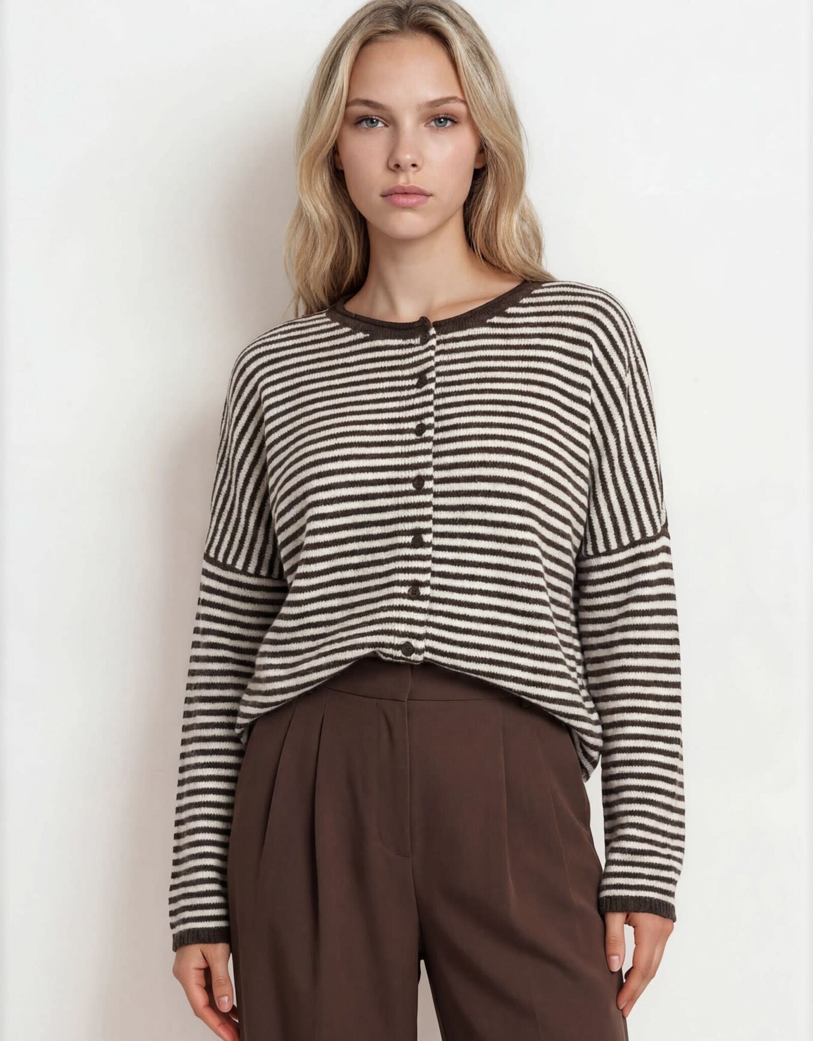 Miss Bliss Blu Stripe Raw Edge Drop Shoulder Knit LS Cardigan- Drk Brown