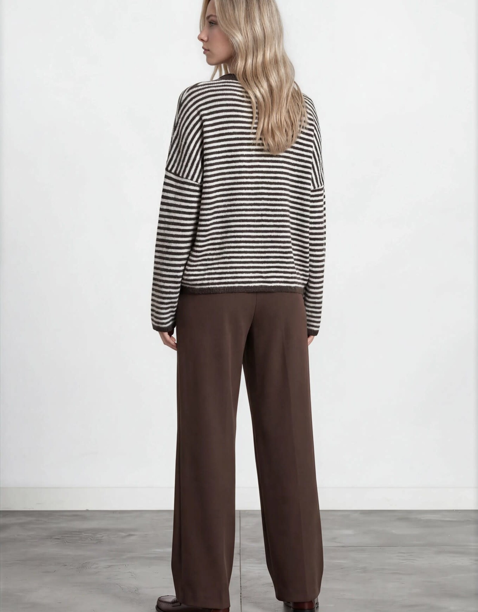 Miss Bliss Blu Stripe Raw Edge Drop Shoulder Knit LS Cardigan- Drk Brown
