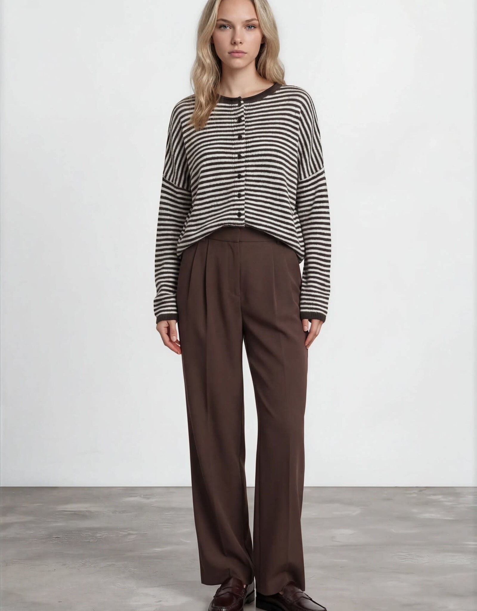 Miss Bliss Blu Stripe Raw Edge Drop Shoulder Knit LS Cardigan- Drk Brown