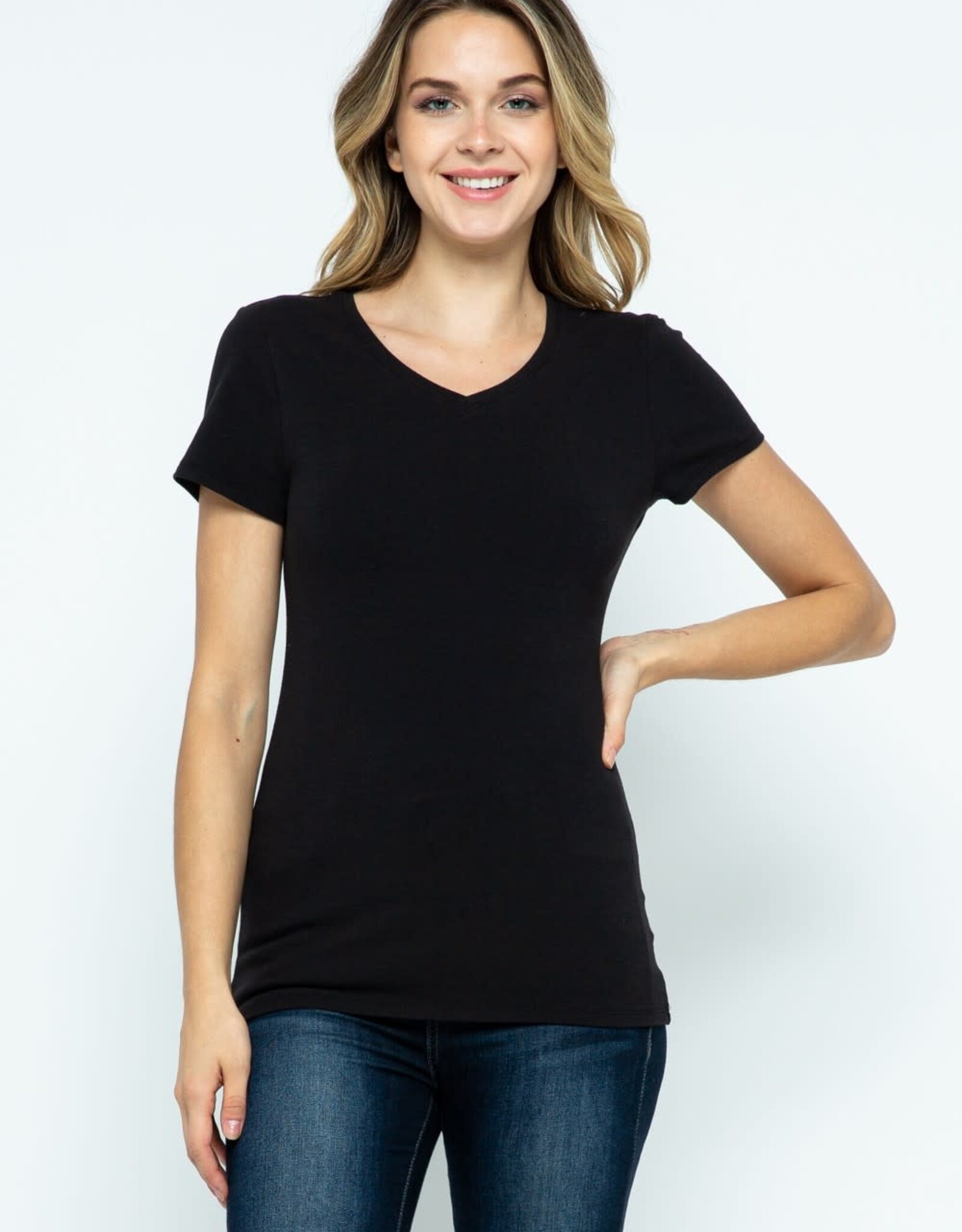 Miss Bliss Cielo Basic Cotton V Neck SS T Shirt-Black