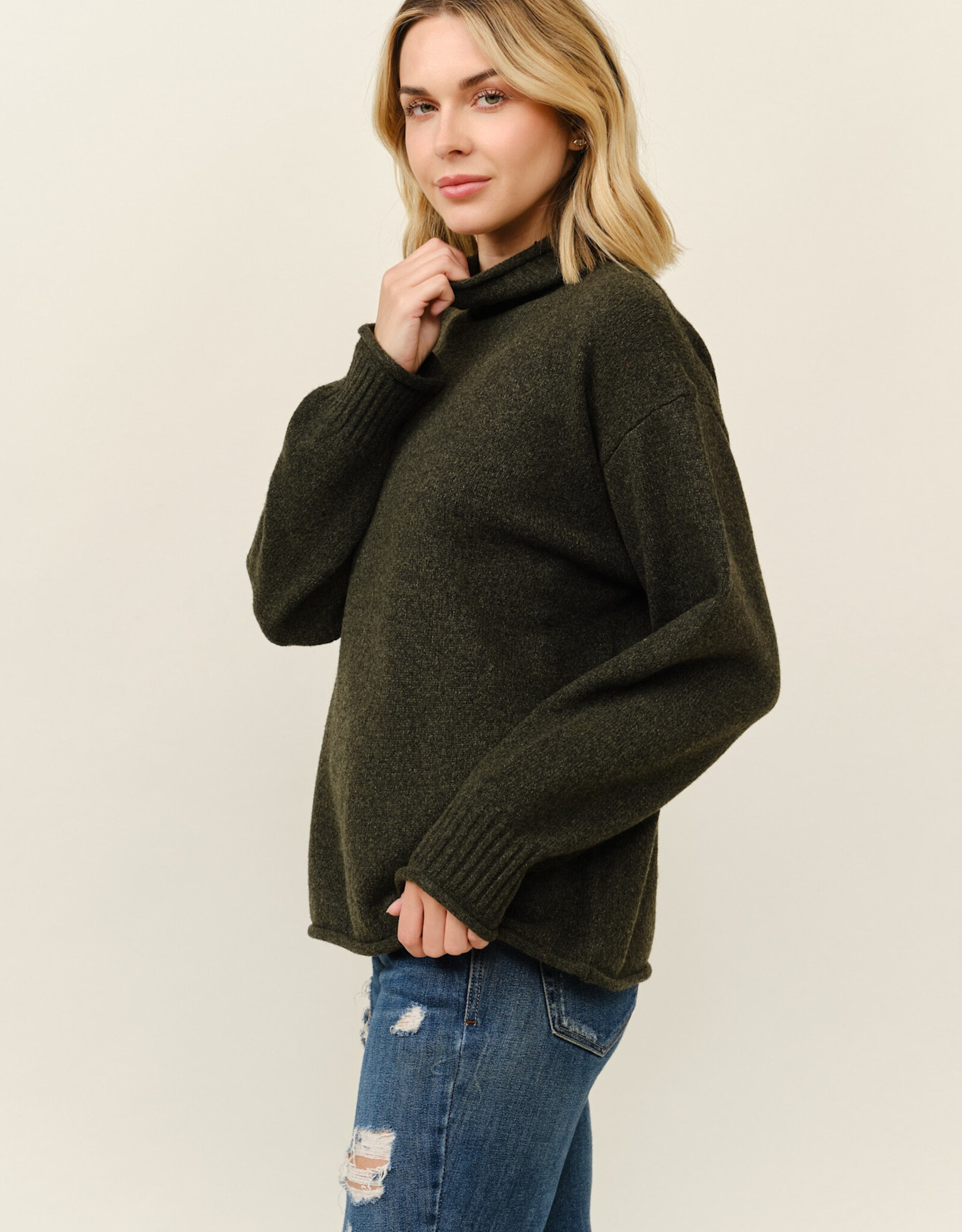 Miss Bliss Cielo Soft Turtleneck Oversized Pullover Sweater-Olive