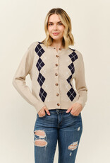 Miss Bliss Cielo Preppy Argyle Button Cardigan-Khaki/Navy