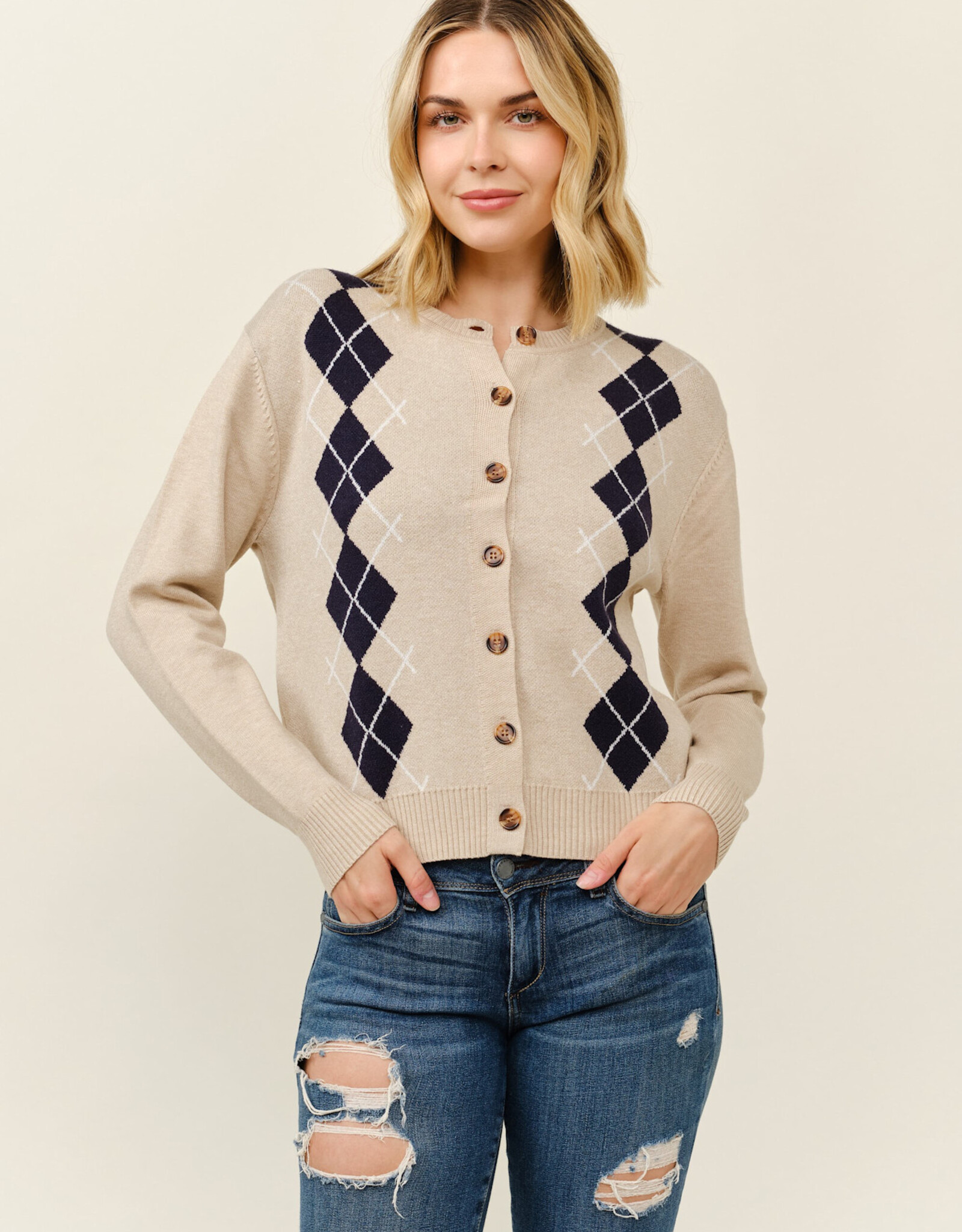 Miss Bliss Cielo Preppy Argyle Button Cardigan-Khaki/Navy