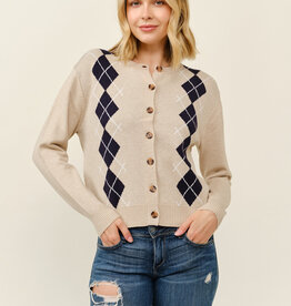 Miss Bliss Preppy Argyle Button Cardigan-Khaki/Navy