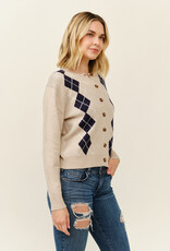 Miss Bliss Cielo Preppy Argyle Button Cardigan-Khaki/Navy