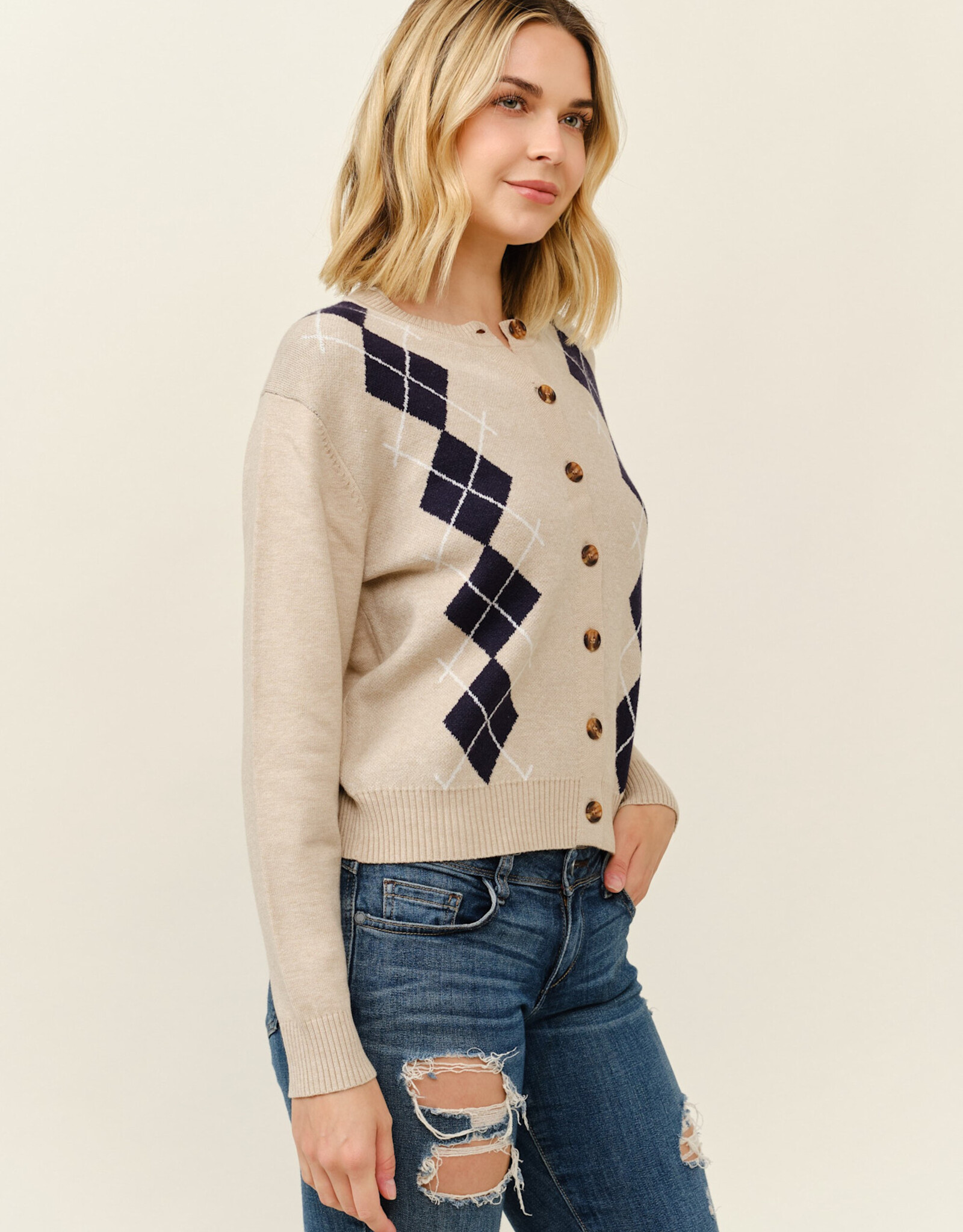 Miss Bliss Cielo Preppy Argyle Button Cardigan-Khaki/Navy
