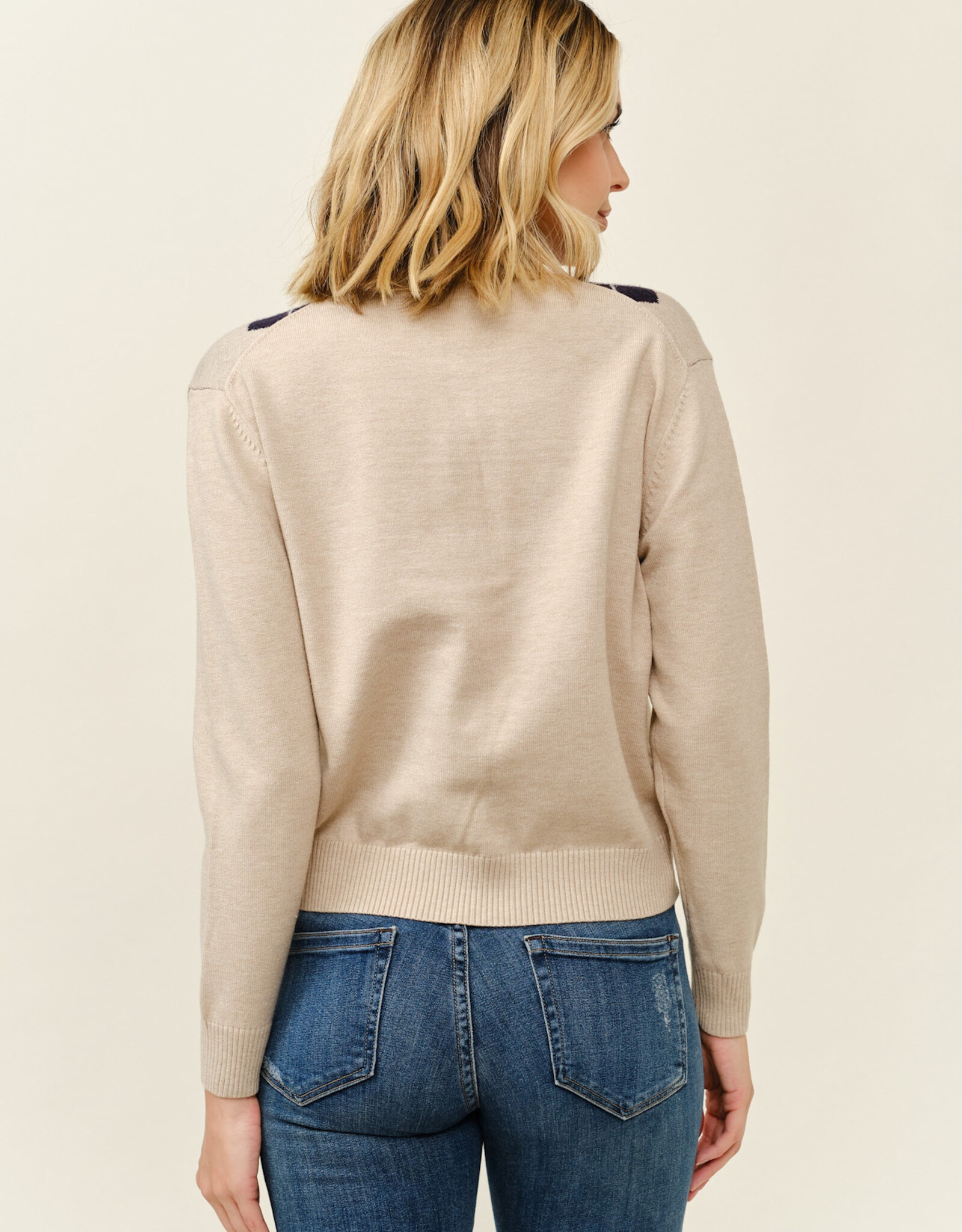 Miss Bliss Cielo Preppy Argyle Button Cardigan-Khaki/Navy