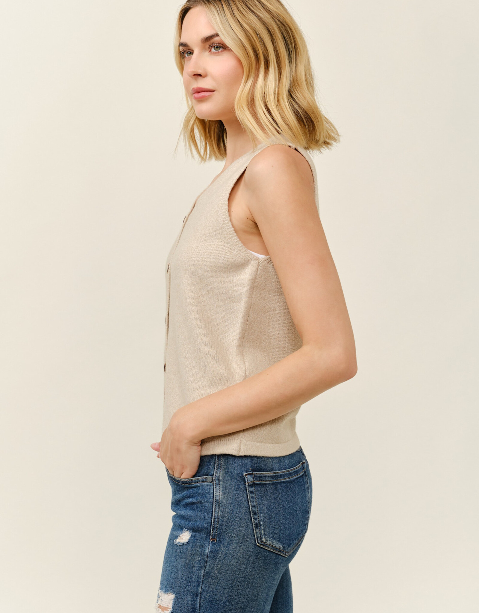 Miss Bliss Cielo V Neck Slvls Knit Vest-Khaki